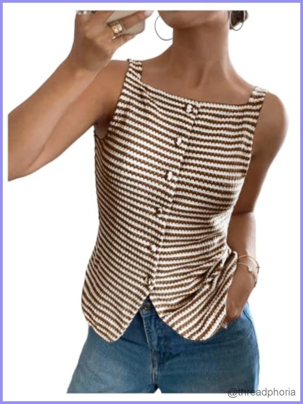 Women's Striped Crochet Knit Tank Top Square Neck Button Down Sleeveless